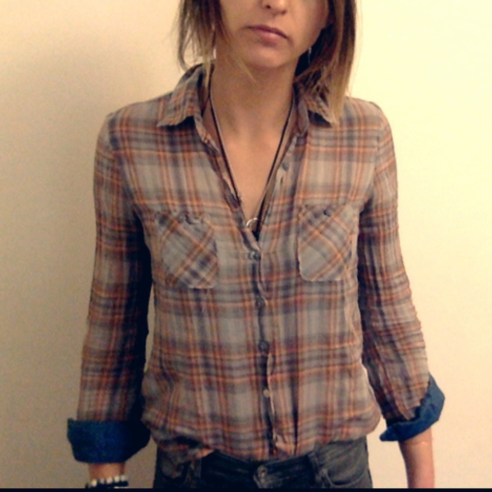 BCBG Plaid Button-down with Jean Sleeves
